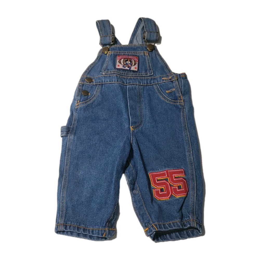 Vintage Denim Overalls Football Bear Patch "TOUCHDOWN" #55 Size 6-8 Months